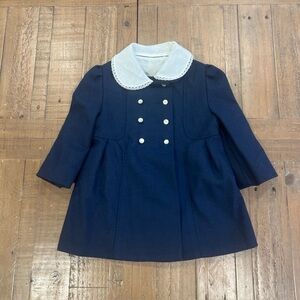 Vintage 1960s F.W. Fischer Designs Navy Wool Girls Coat with Lace Collar buttons
